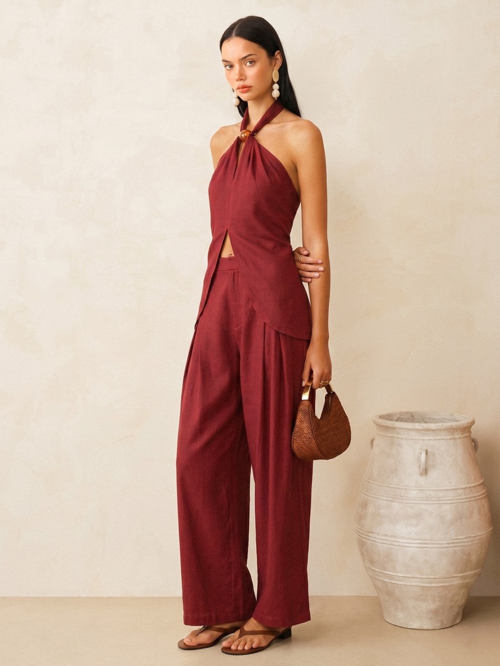 COMMENSE Linen Blend Halter & Pant Set